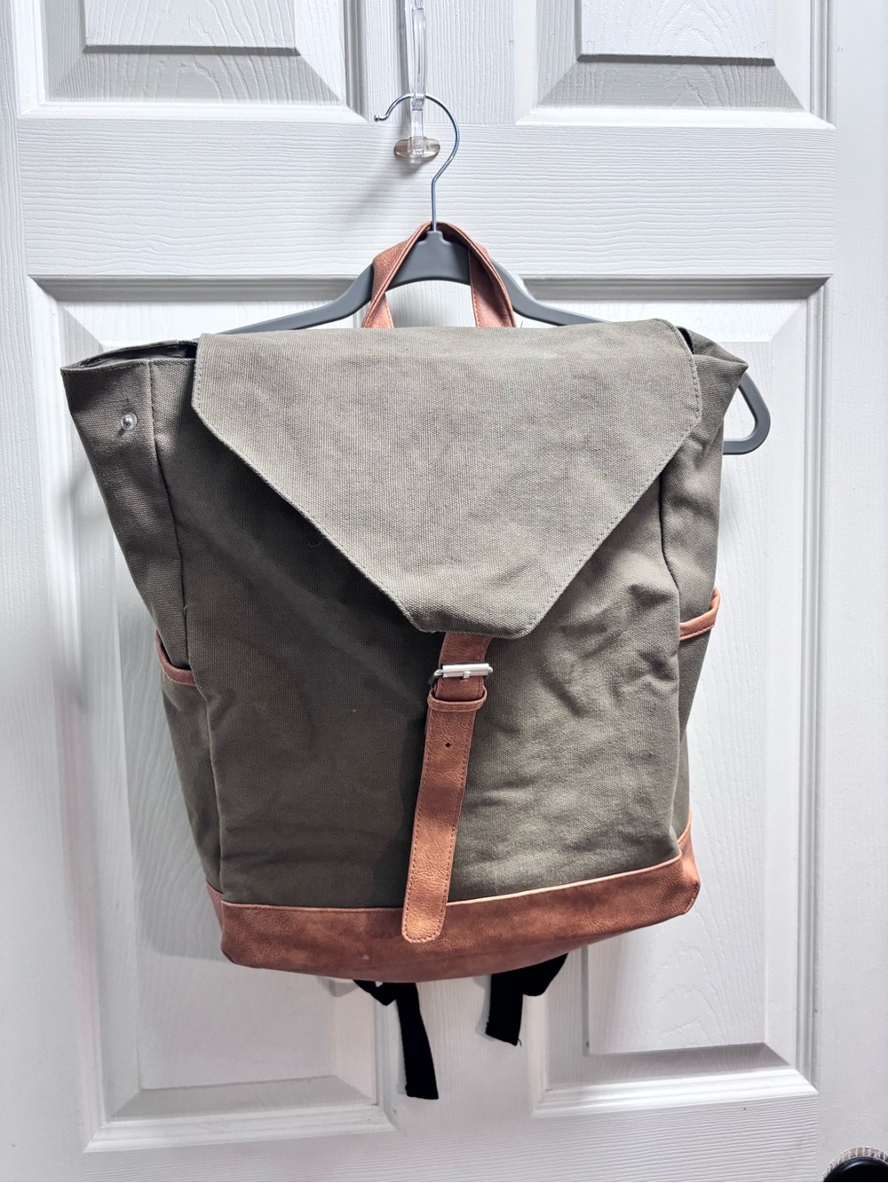 DSW Olive Canvas Roll-Top Backpack with Tan Suede Trim
